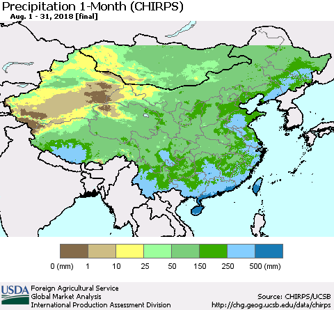 China, Mongolia and Taiwan Precipitation 1-Month (CHIRPS) Thematic Map For 8/1/2018 - 8/31/2018