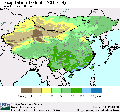 China and Taiwan Precipitation 1-Month (CHIRPS) Thematic Map For 9/1/2018 - 9/30/2018