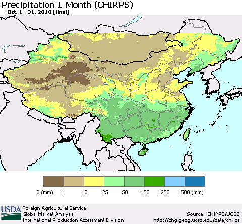 China and Taiwan Precipitation 1-Month (CHIRPS) Thematic Map For 10/1/2018 - 10/31/2018