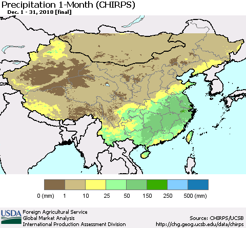 China and Taiwan Precipitation 1-Month (CHIRPS) Thematic Map For 12/1/2018 - 12/31/2018