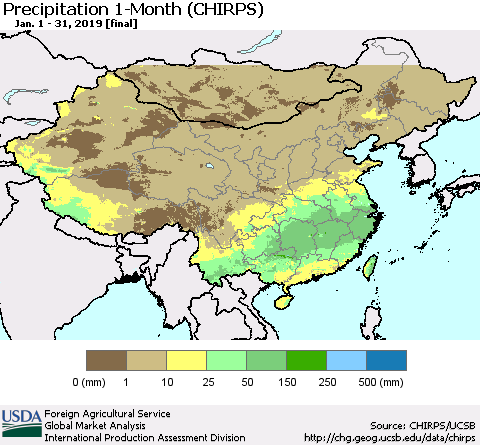 China and Taiwan Precipitation 1-Month (CHIRPS) Thematic Map For 1/1/2019 - 1/31/2019