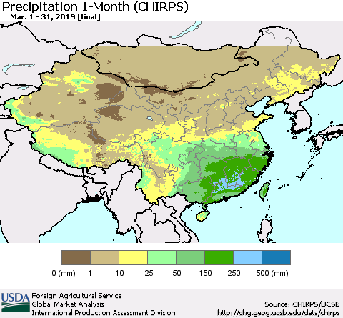 China and Taiwan Precipitation 1-Month (CHIRPS) Thematic Map For 3/1/2019 - 3/31/2019