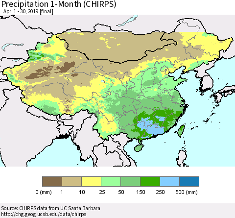 China and Taiwan Precipitation 1-Month (CHIRPS) Thematic Map For 4/1/2019 - 4/30/2019