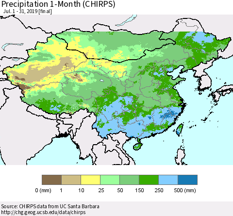 China, Mongolia and Taiwan Precipitation 1-Month (CHIRPS) Thematic Map For 7/1/2019 - 7/31/2019