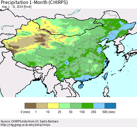 China and Taiwan Precipitation 1-Month (CHIRPS) Thematic Map For 8/1/2019 - 8/31/2019