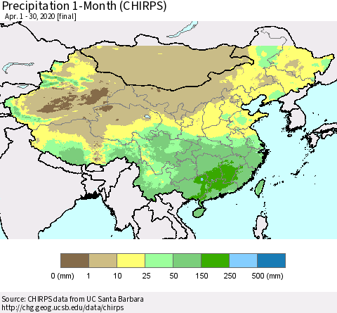 China, Mongolia and Taiwan Precipitation 1-Month (CHIRPS) Thematic Map For 4/1/2020 - 4/30/2020