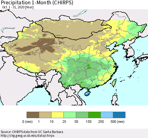 China and Taiwan Precipitation 1-Month (CHIRPS) Thematic Map For 10/1/2020 - 10/31/2020