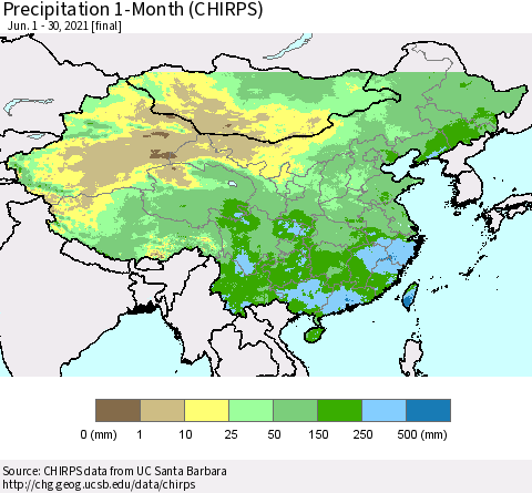 China and Taiwan Precipitation 1-Month (CHIRPS) Thematic Map For 6/1/2021 - 6/30/2021