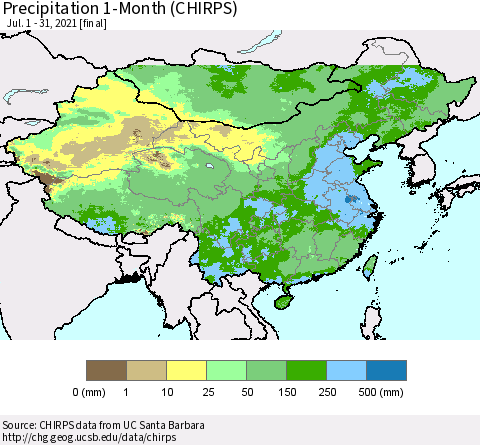 China and Taiwan Precipitation 1-Month (CHIRPS) Thematic Map For 7/1/2021 - 7/31/2021
