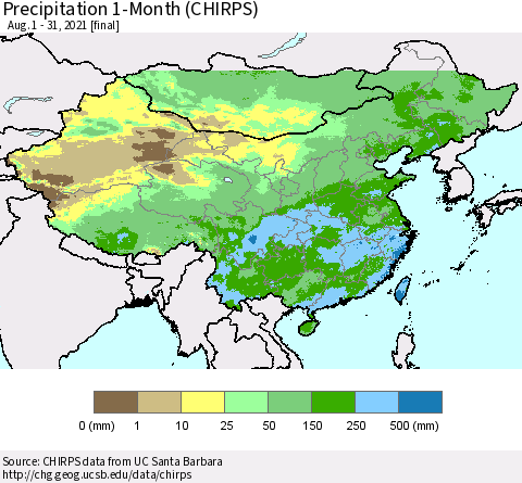 China and Taiwan Precipitation 1-Month (CHIRPS) Thematic Map For 8/1/2021 - 8/31/2021