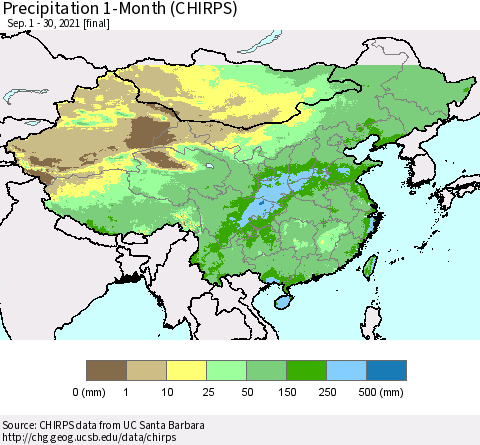 China and Taiwan Precipitation 1-Month (CHIRPS) Thematic Map For 9/1/2021 - 9/30/2021