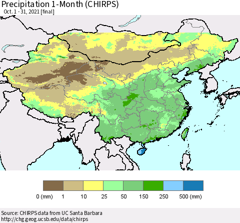 China and Taiwan Precipitation 1-Month (CHIRPS) Thematic Map For 10/1/2021 - 10/31/2021