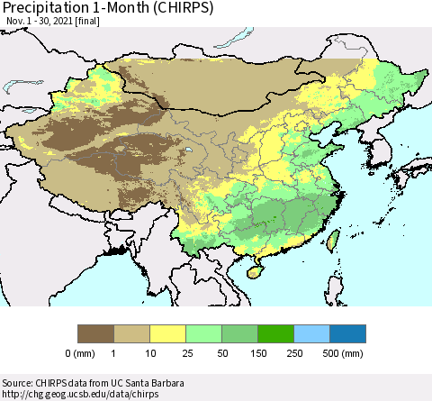 China and Taiwan Precipitation 1-Month (CHIRPS) Thematic Map For 11/1/2021 - 11/30/2021
