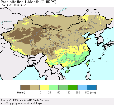 China and Taiwan Precipitation 1-Month (CHIRPS) Thematic Map For 12/1/2021 - 12/31/2021
