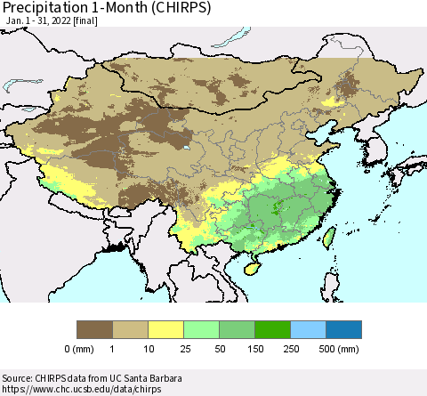 China and Taiwan Precipitation 1-Month (CHIRPS) Thematic Map For 1/1/2022 - 1/31/2022
