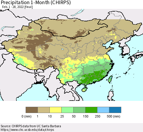 China and Taiwan Precipitation 1-Month (CHIRPS) Thematic Map For 2/1/2022 - 2/28/2022