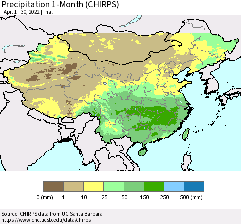 China, Mongolia and Taiwan Precipitation 1-Month (CHIRPS) Thematic Map For 4/1/2022 - 4/30/2022