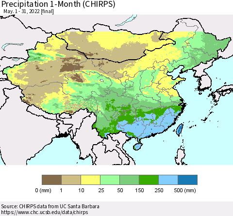 China and Taiwan Precipitation 1-Month (CHIRPS) Thematic Map For 5/1/2022 - 5/31/2022