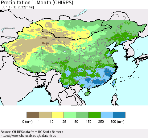 China, Mongolia and Taiwan Precipitation 1-Month (CHIRPS) Thematic Map For 6/1/2022 - 6/30/2022