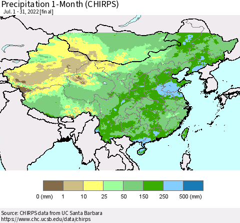 China and Taiwan Precipitation 1-Month (CHIRPS) Thematic Map For 7/1/2022 - 7/31/2022