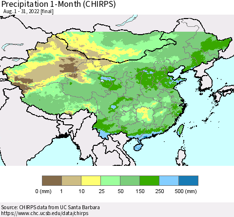 China and Taiwan Precipitation 1-Month (CHIRPS) Thematic Map For 8/1/2022 - 8/31/2022