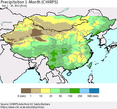 China, Mongolia and Taiwan Precipitation 1-Month (CHIRPS) Thematic Map For 9/1/2022 - 9/30/2022