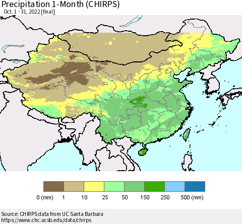 China and Taiwan Precipitation 1-Month (CHIRPS) Thematic Map For 10/1/2022 - 10/31/2022