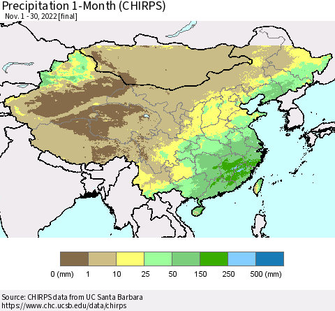China and Taiwan Precipitation 1-Month (CHIRPS) Thematic Map For 11/1/2022 - 11/30/2022