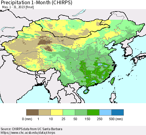 China, Mongolia and Taiwan Precipitation 1-Month (CHIRPS) Thematic Map For 5/1/2023 - 5/31/2023