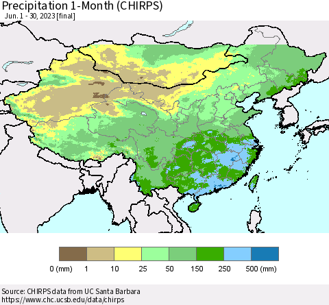 China, Mongolia and Taiwan Precipitation 1-Month (CHIRPS) Thematic Map For 6/1/2023 - 6/30/2023