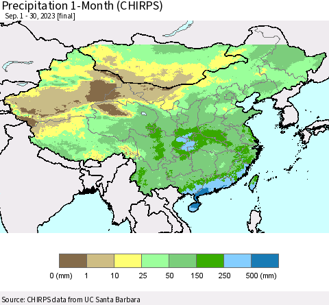 China, Mongolia and Taiwan Precipitation 1-Month (CHIRPS) Thematic Map For 9/1/2023 - 9/30/2023