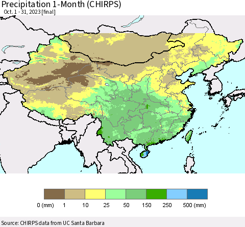 China, Mongolia and Taiwan Precipitation 1-Month (CHIRPS) Thematic Map For 10/1/2023 - 10/31/2023
