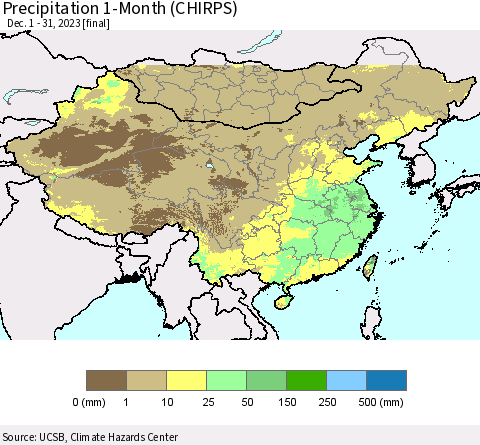 China, Mongolia and Taiwan Precipitation 1-Month (CHIRPS) Thematic Map For 12/1/2023 - 12/31/2023