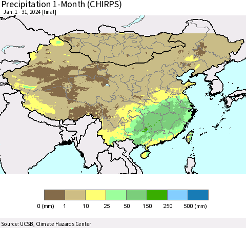 China, Mongolia and Taiwan Precipitation 1-Month (CHIRPS) Thematic Map For 1/1/2024 - 1/31/2024