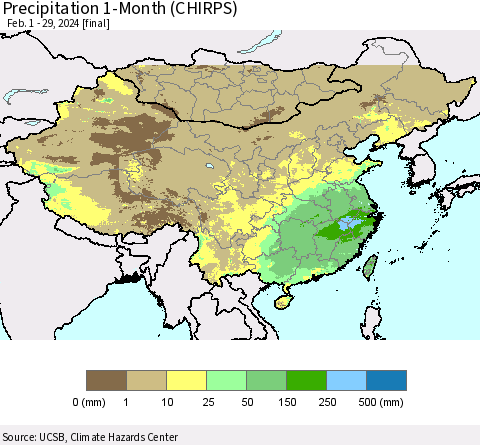 China, Mongolia and Taiwan Precipitation 1-Month (CHIRPS) Thematic Map For 2/1/2024 - 2/29/2024