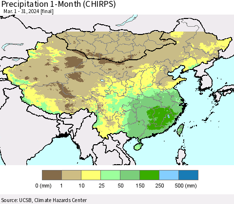 China, Mongolia and Taiwan Precipitation 1-Month (CHIRPS) Thematic Map For 3/1/2024 - 3/31/2024