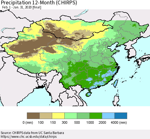 China and Taiwan Precipitation 12-Month (CHIRPS) Thematic Map For 2/1/2019 - 1/31/2020