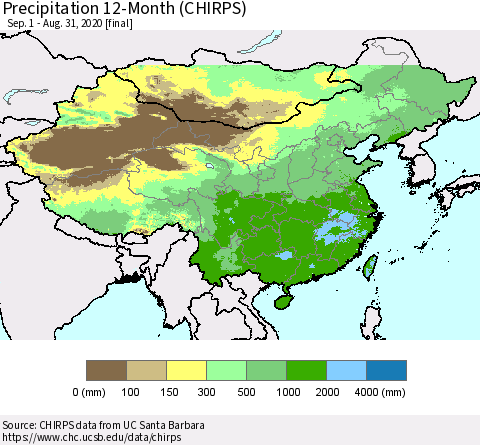 China and Taiwan Precipitation 12-Month (CHIRPS) Thematic Map For 9/1/2019 - 8/31/2020
