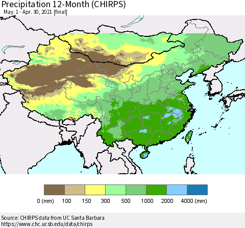 China and Taiwan Precipitation 12-Month (CHIRPS) Thematic Map For 5/1/2020 - 4/30/2021