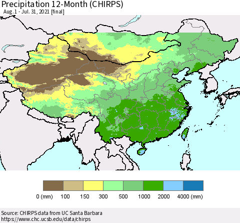 China, Mongolia and Taiwan Precipitation 12-Month (CHIRPS) Thematic Map For 8/1/2020 - 7/31/2021