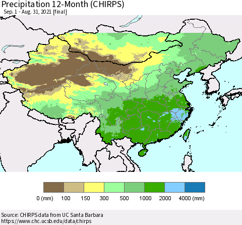 China, Mongolia and Taiwan Precipitation 12-Month (CHIRPS) Thematic Map For 9/1/2020 - 8/31/2021