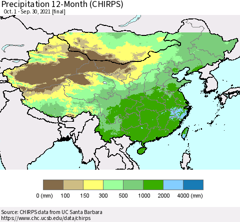 China and Taiwan Precipitation 12-Month (CHIRPS) Thematic Map For 10/1/2020 - 9/30/2021