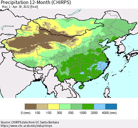 China and Taiwan Precipitation 12-Month (CHIRPS) Thematic Map For 5/1/2021 - 4/30/2022