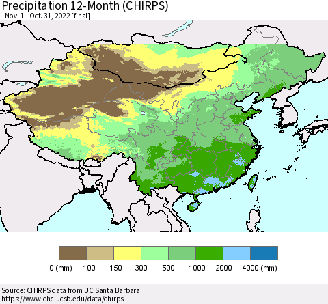 China and Taiwan Precipitation 12-Month (CHIRPS) Thematic Map For 11/1/2021 - 10/31/2022