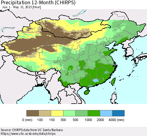 China, Mongolia and Taiwan Precipitation 12-Month (CHIRPS) Thematic Map For 6/1/2022 - 5/31/2023