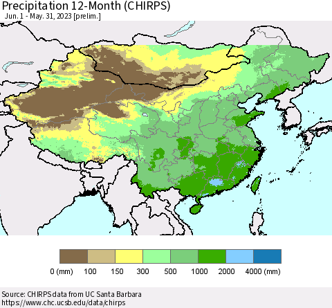 China and Taiwan Precipitation 12-Month (CHIRPS) Thematic Map For 6/1/2022 - 5/31/2023