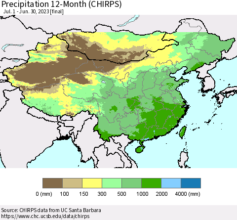 China, Mongolia and Taiwan Precipitation 12-Month (CHIRPS) Thematic Map For 7/1/2022 - 6/30/2023