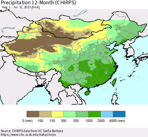 China, Mongolia and Taiwan Precipitation 12-Month (CHIRPS) Thematic Map For 8/1/2022 - 7/31/2023