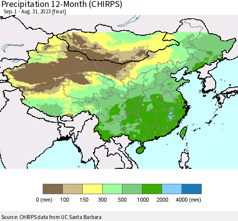China, Mongolia and Taiwan Precipitation 12-Month (CHIRPS) Thematic Map For 9/1/2022 - 8/31/2023