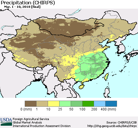China, Mongolia and Taiwan Precipitation (CHIRPS) Thematic Map For 3/1/2018 - 3/10/2018